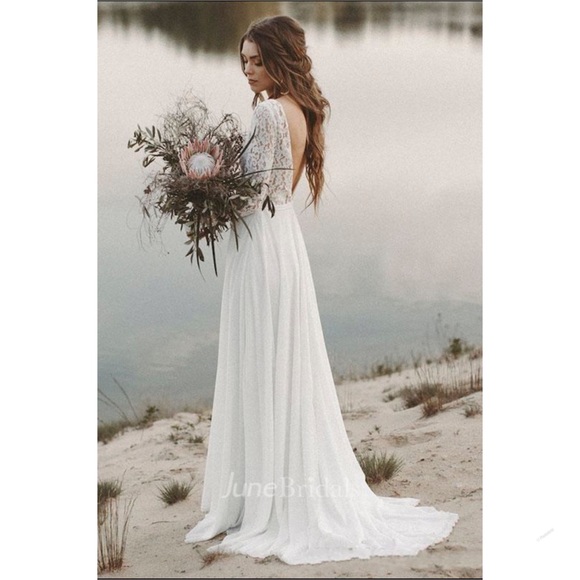 👰🏻♀️Boho V-neck A-line Long Sleeve Lace V-Back Wedding Dress👰🏻♀️NWT~4 - Picture 5 of 16